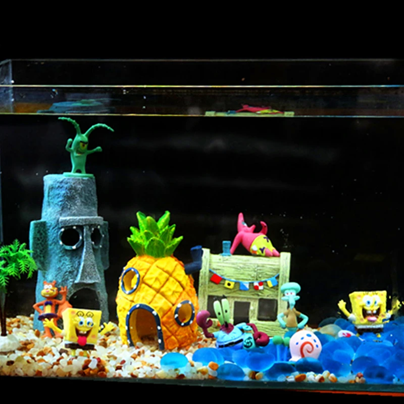 Мультяшный аквариум орнамент анимация Губка Боб Патрик звезда рыбный бак домашний декор рыба скрывается пещера acuariio декорации фон
