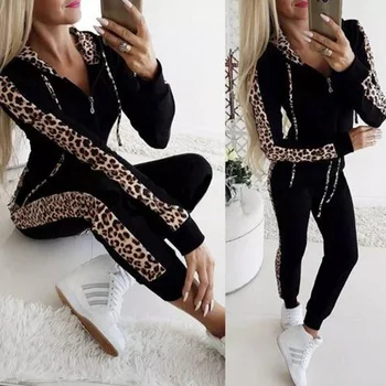 

Women Slim Print Two Piece Sets Casual Hooded Long Sleeve Zipper Sport Coat Elastic Waist Pencil Long Pant Casual 2 Pcs Suits