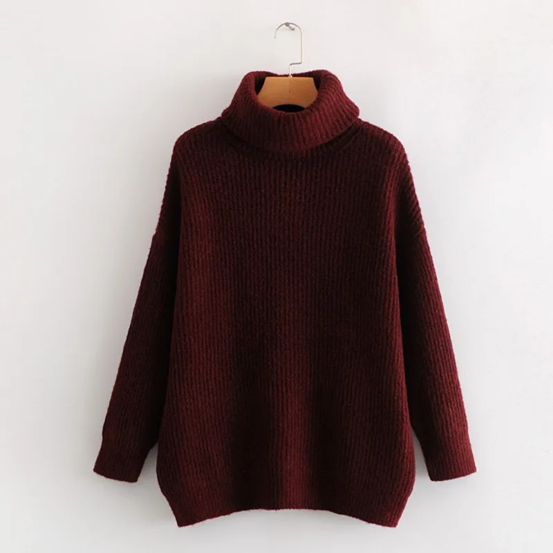 [EWQ] осень зима узор водолазка воротник длинный рукав однотонный вязаный пуловер Повседневный свитер женский 19C-a117-14a-L - Цвет: Wine red