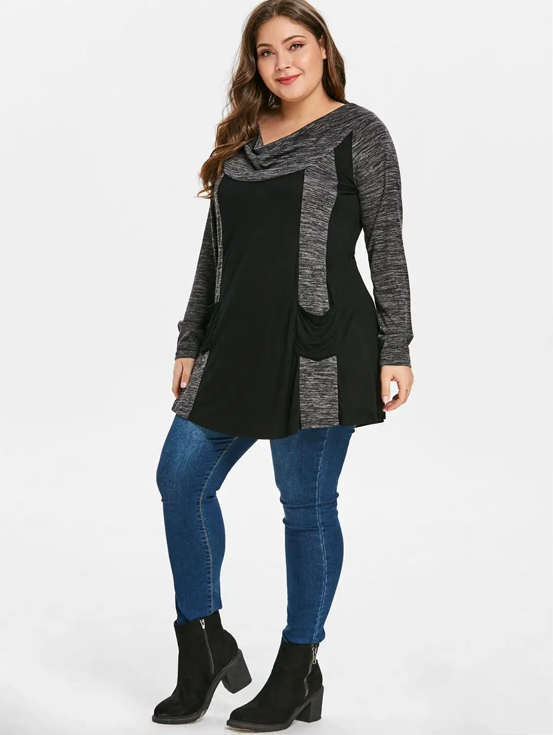 Ceny ROSEGAL Plus rozmiar kontrastowy T Shirt damski Casual Cowl Neck z długim rękawem podwójna kieszeń T Shirt odzież damska duże rozmiary bluzki damskie