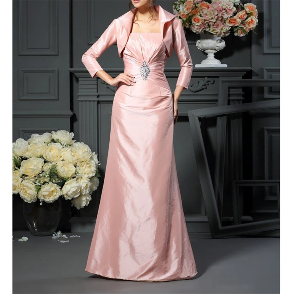 Розовые платья из тафты для матери невесты с жакетом, а-силуэт, великолепные длинные рукава, бисероплетение, оборки, Аппликации, женские платья