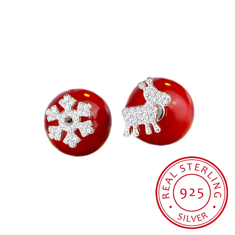 

925 Sterling Silver Christmas Jewelry Micro CZ Elk Deer Snowflake Red Pearl Earrings For Women Girl S-E486