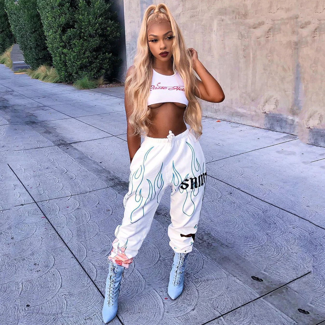

2020 Flaming Fire Printed Streetwear Punk Jogger Pants Women Casual Elastic High Waist Sweatpants Hip Hop Baggy Running Trousers