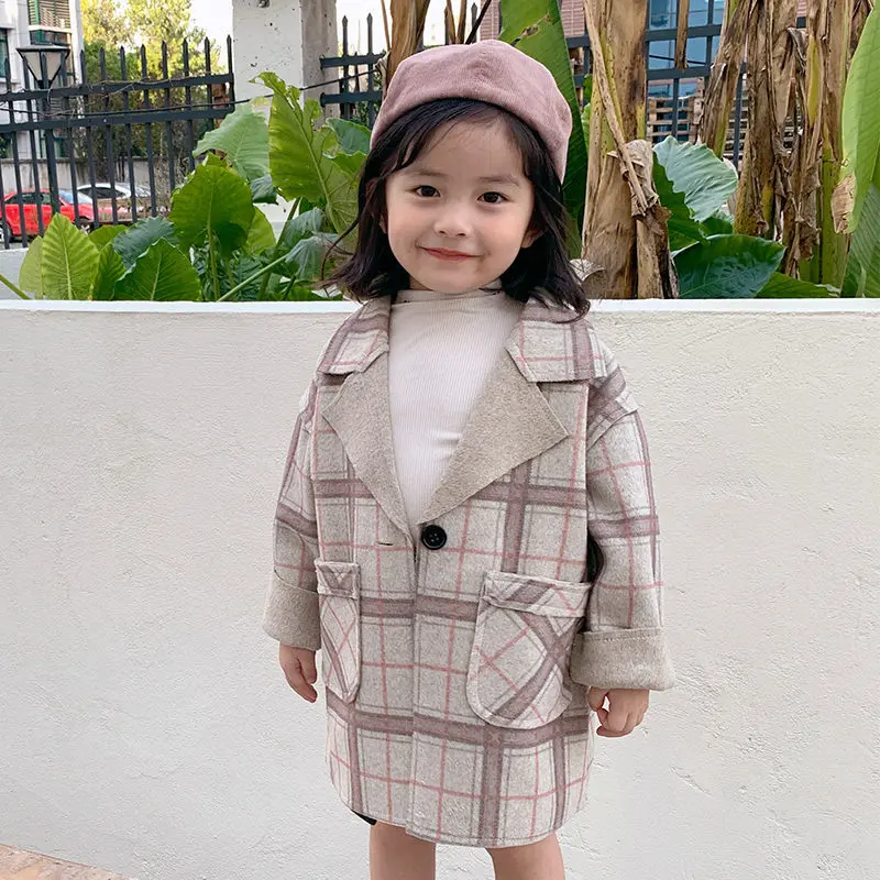

New Autumn Winter Plaid Kids Wool Coat High Quality Korean Girls Long A Buckle Woolen Outwear For 2-8Yrs Fashion Toddler Clothes