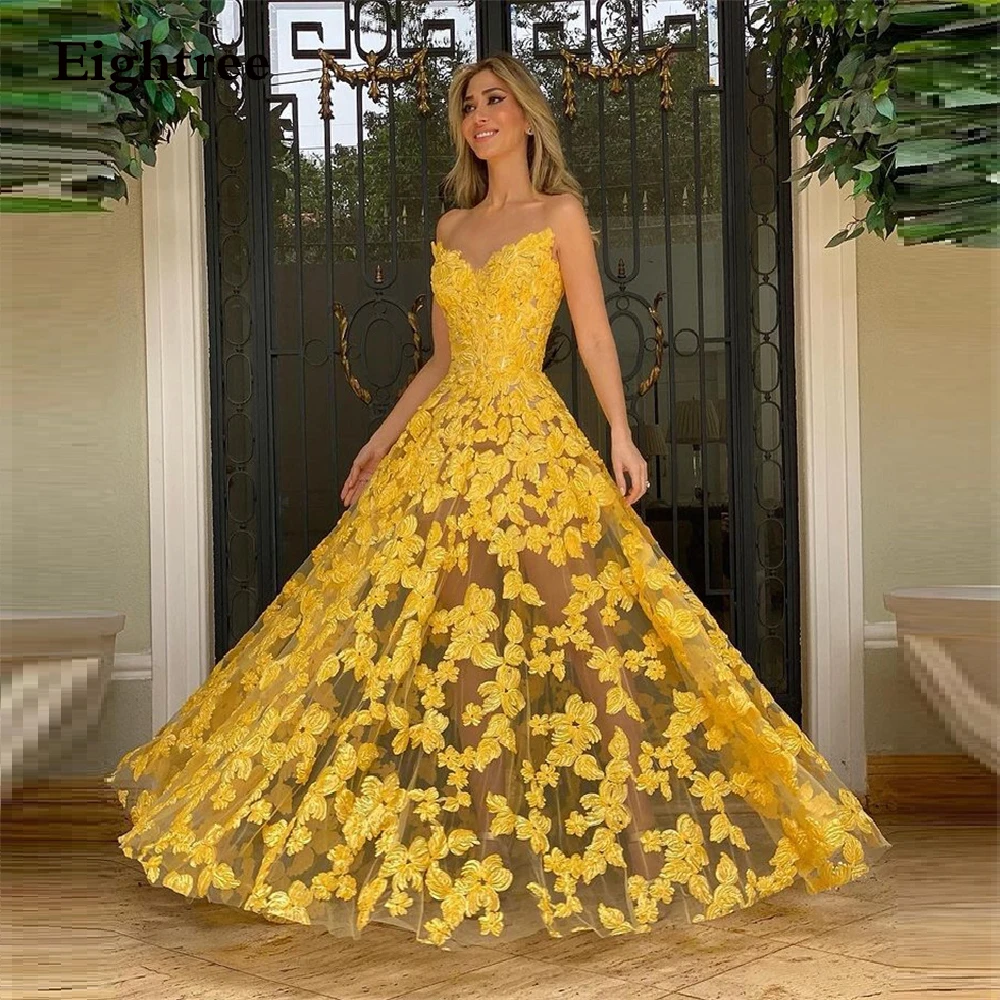 Gold Yellow Flower Long Sleeveless Evening Dresses Sweetheart A Line Fariry Formal Party Prom Gowns Dress Vestidos de festa black evening gowns