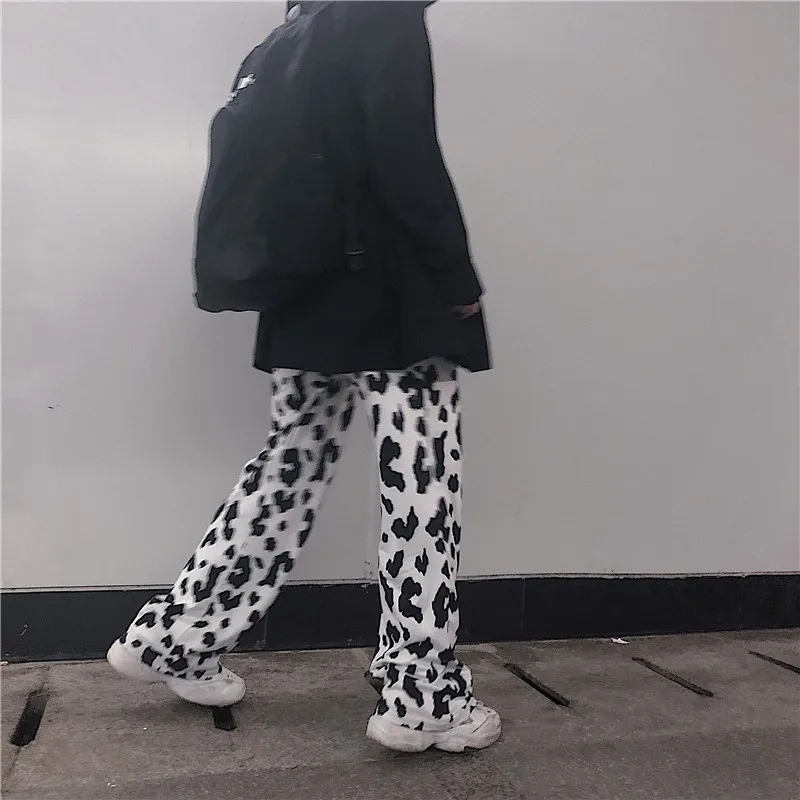 Deeptown Cow Print Wide Leg Pants for Women Korean Style Oversized Women Fashion Pants Harajuku Autumn 2020 Plus Size Trousers