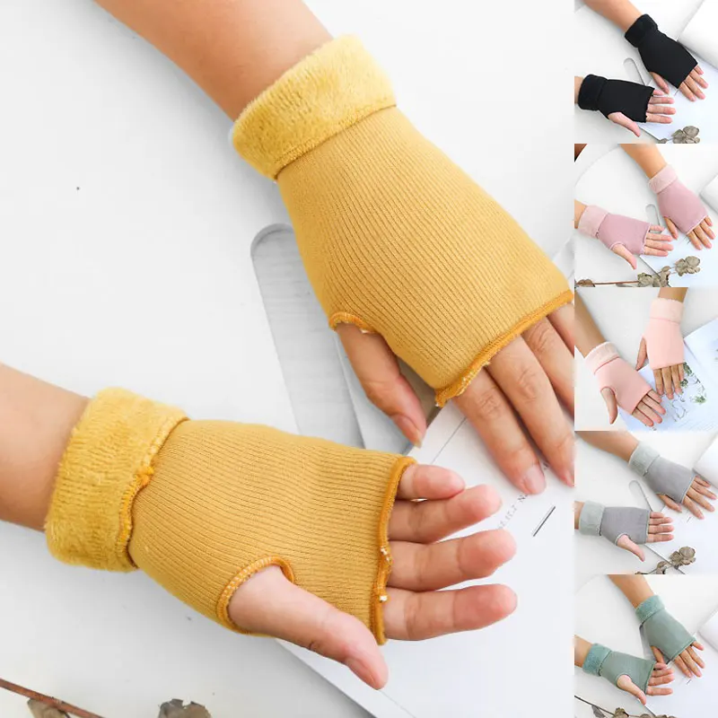 

Cotton Stripes Gloves Soft Double-layer Warm Non-Fleece Half-Finger Gloves Plus Velvet Solid Color Fingerless Gloves 1 Pairs