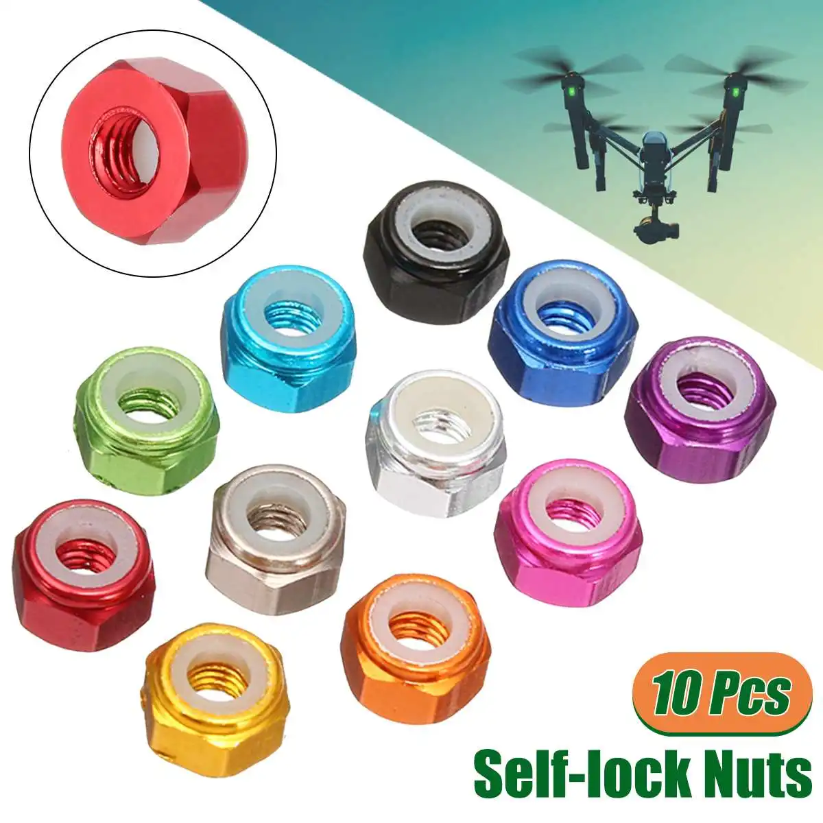 

M3AN1 10Pcs/Set M3 Self-locking Nylon Nut Aluminum Alloy Multi-color Nuts for FPV RC