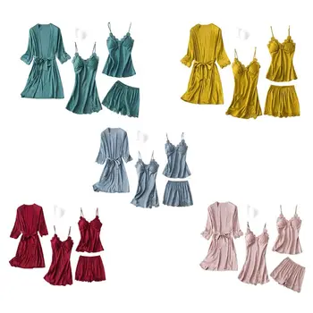 

Women Silky 4Pcs Lace Pajamas Sexy Chest Pads Cami Top Shorts Nightgown Robe Set 83XF