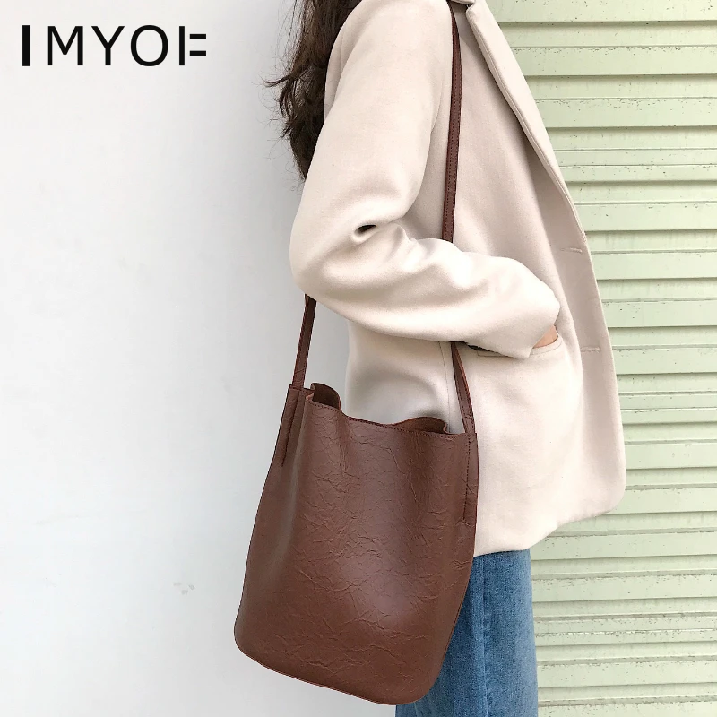 

Women's Handbag Leather Bucket Bag Large Capacity Vintage Ladies Shoulder Bag Solid Color Soft Pu Leather Female Messenger Bag