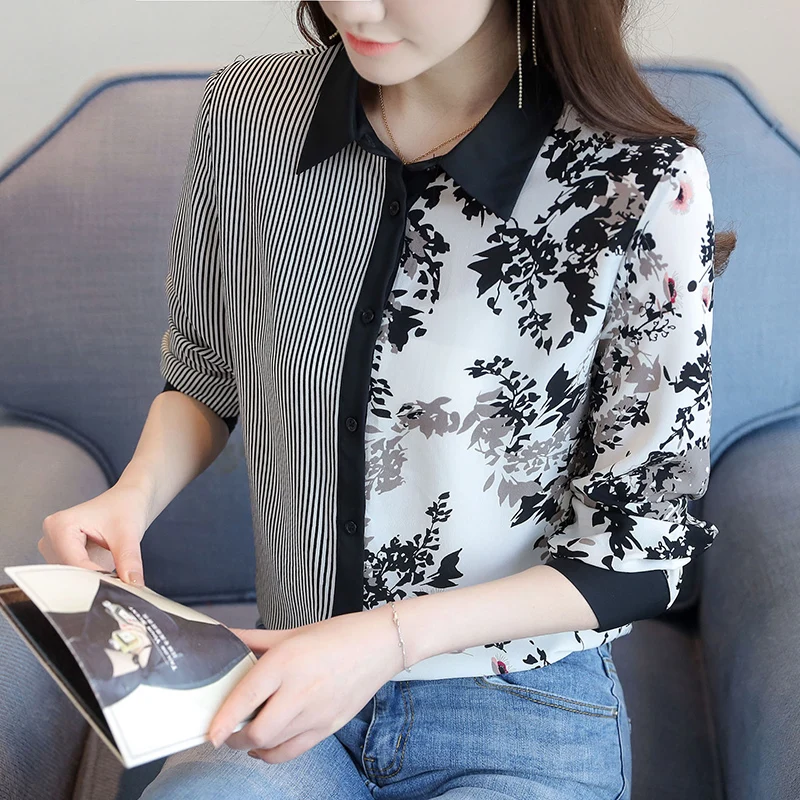 Korean Women Shirts Chiffon Blouses for Women Striped Shirts Tops Woman Long Sleeve Blouse Shirt Woman Print Shirt Plus Size Top