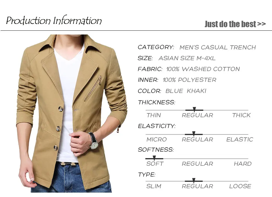 Men Spring New Business Casual Trench Coat Jacket Men Brand Fashion Long Sleeve Cotton Solid Washed Trench Coat Men