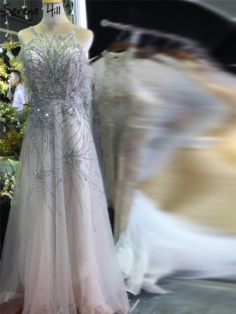 Настоящее фото серебряные А-образные сексуальные платья для выпускного вечера Дубай Без Рукавов Кристаллы платья для выпускного Серен Хилл BLA70172