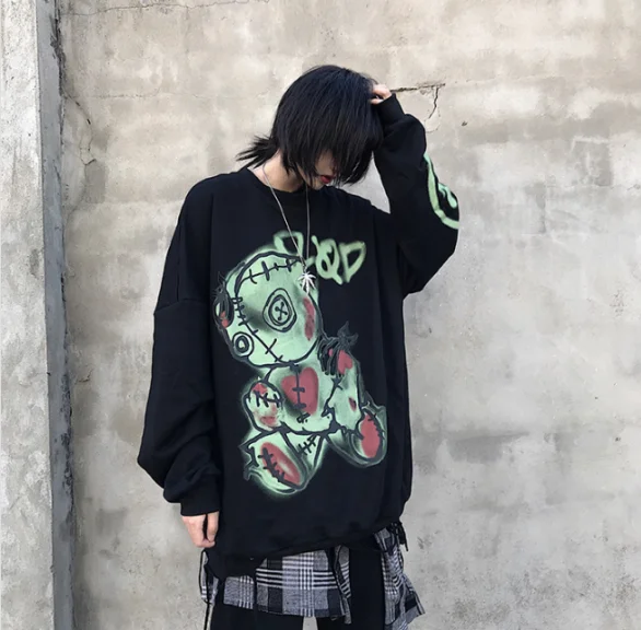 NiceMix Autumn Punk Hoodies Women Cool Print Sweatshirt Korean Harajuku Sweatshirt Black Winter Japan Doodling Hoodie Streetwear