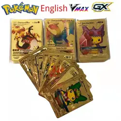 Jeu de cartes en métal pour enfants, dessin animé Pokemon Battle, or HP anglais Kaarten Charizard Pikachu, Collection d'action, jouets 