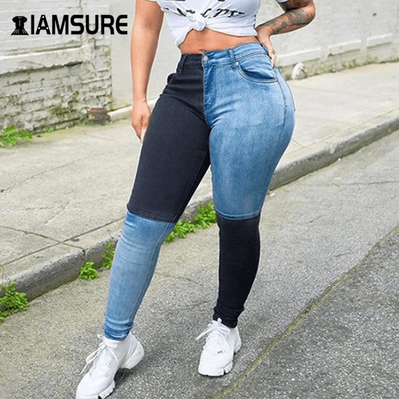 

IAMSURE Punk Style Patchwork High Waist Jeans Pants Women Pencil Pants Autumn Casual Street Activity Wear Basic Trousers Female