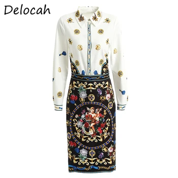

Delocah Summer Women Set Runway Fashion Designer Long Sleeve Printed Blouses+Gorgeous Crystal Female Skirt Two Pieces Suits