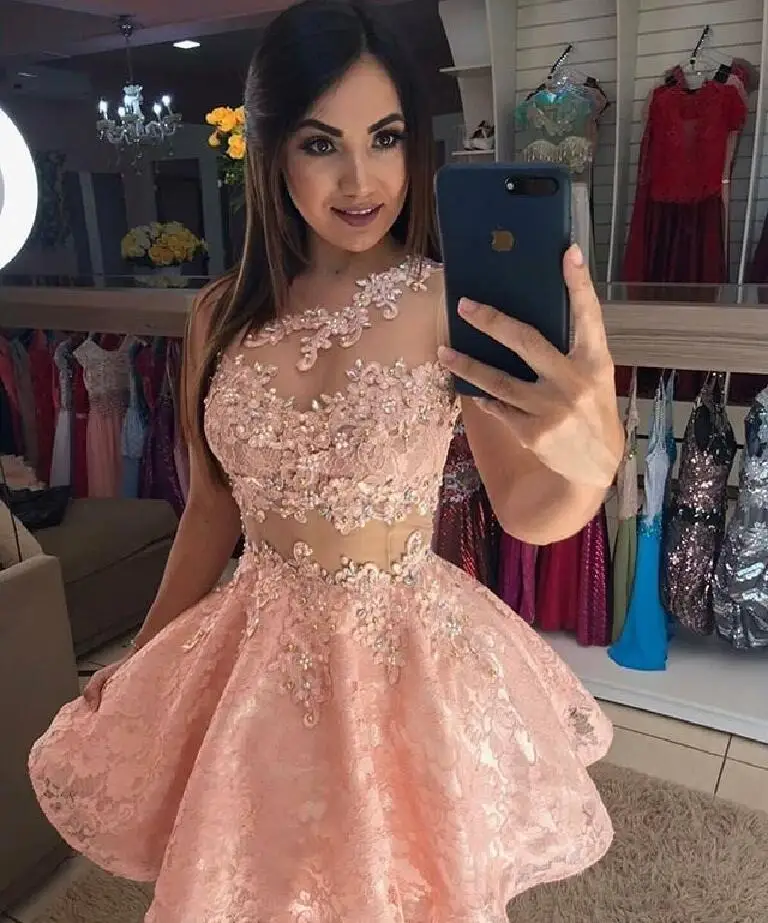 Peach Coral Lace Short Prom Dresses A 