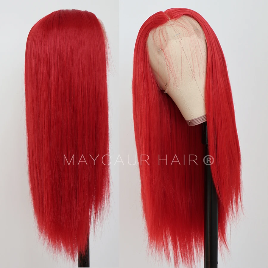 Maycaur Red Blue Green Color Long Straight Lace Front Wigs Heat Resistant Glueless Synthetic Hair Wigs for Women (4)