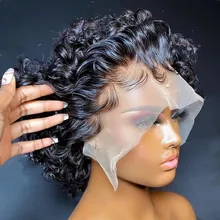Peluca de cabello humano rizado con corte Pixie para mujer, postizo de encaje transparente 13x1, corte Pixie, pelo Remy barato