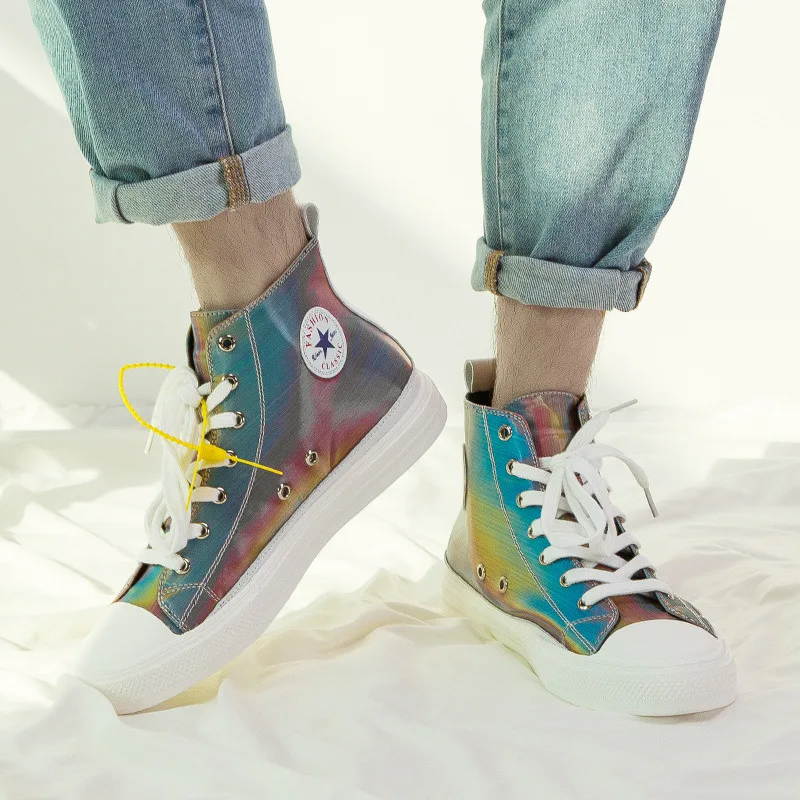 

High help Sneakers Chic Reflective color Canvas Shoes Discoloration Casual Vulcanized Shoes Wear-resisting breathable men shoes