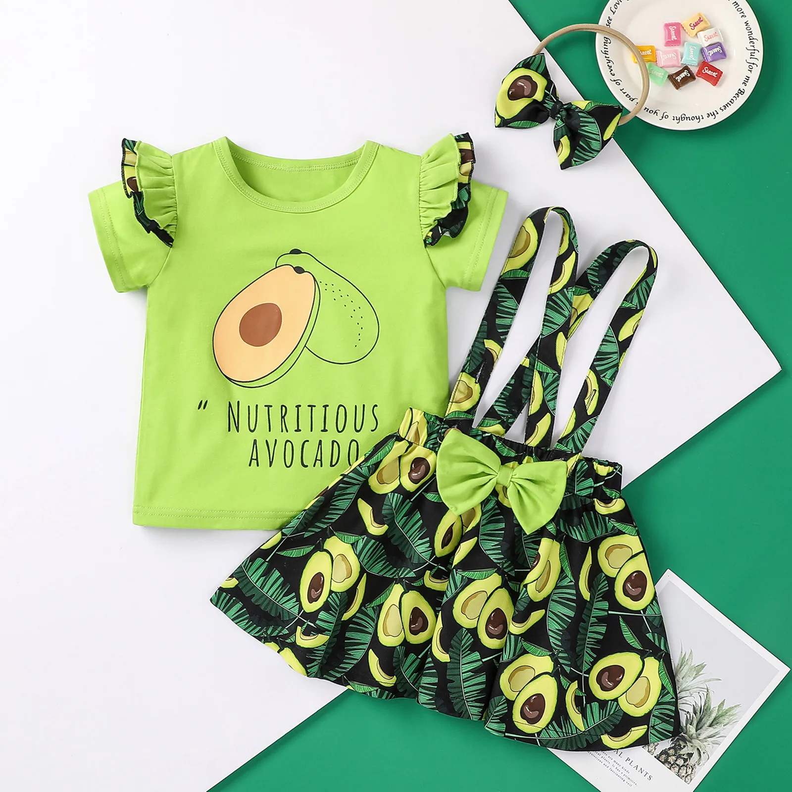 Kids Clothing Set Baby Girl Avocado Printing Ruffle Short Sleeve T Shirt Tops+fruit Floral Bow Suspender Skirts Clothes | Мать и ребенок