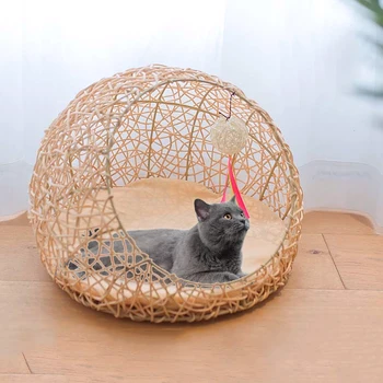 

Cat house knitting rattanWood House Rattan Cat Bed puppy Kitten Houses semi-open