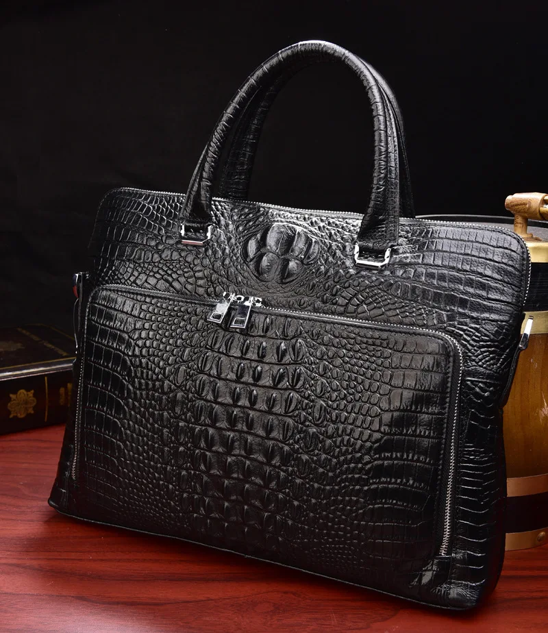 Роскошный дизайнерский мужской портфель из натуральной кожи для ноутбука, чехол для документов, модная сумка-мессенджер Attache, сумка-тоут, портфель, Черный крокодил