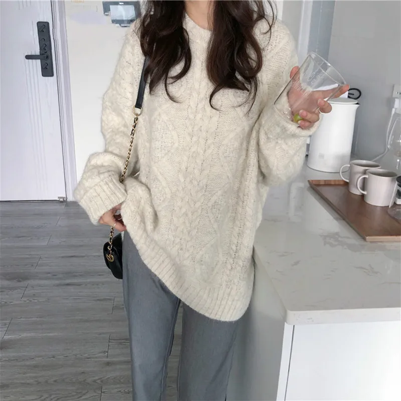 

Syiwidii novo oversize camisola feminina 2020 outono inverno casual malha pullovers sÃ³lido coreano topo geometria grosso quente