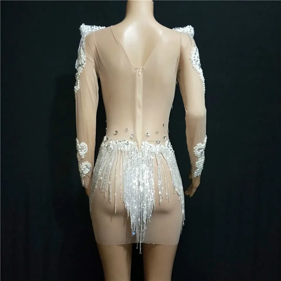 New Luxury Pearls Crystals Mesh See Through Dress Women Rhinestones Fringe Birthday Party Dresses Sexy Nightclub Bar Outfit