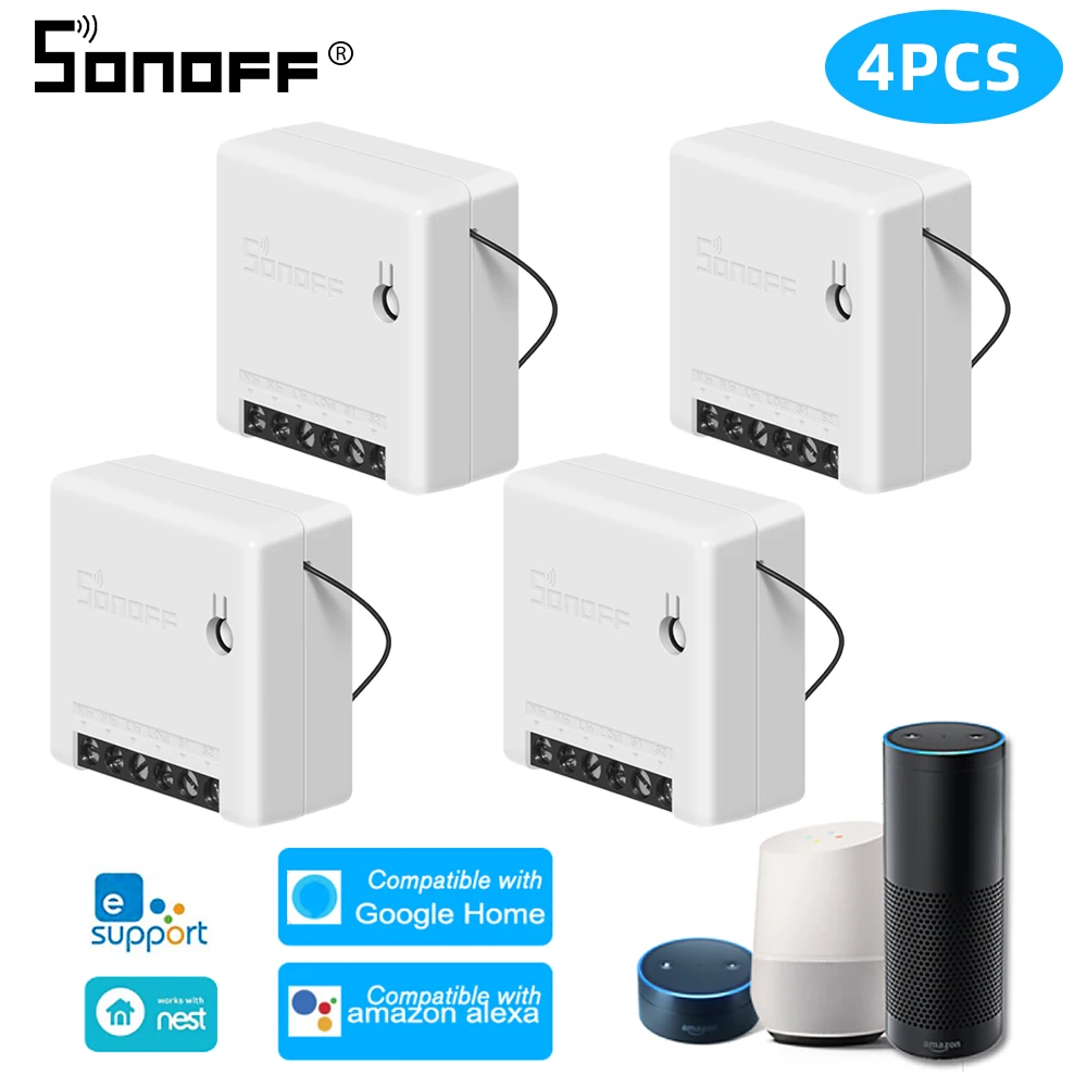 4pcs sonoff mini 10 шт. Sonoff Мини DIY умный переключатель Wi-Fi двухстороннее радио пульт дистанционного управления Управление wifi светильник выключатель Smart релейного модуля автоматизации Google Home Alexa - Комплект: 4pcs sonoff mini