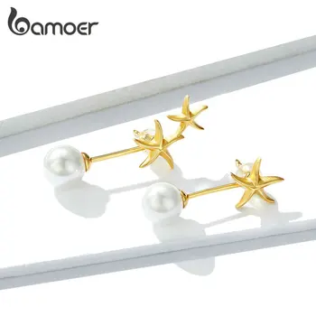 

bamoer Elegant Pearl Starfish Earrings for Women Wedding Brincos 100% 925 Sterling Silver Fine Jewelry Orecchini GAE243