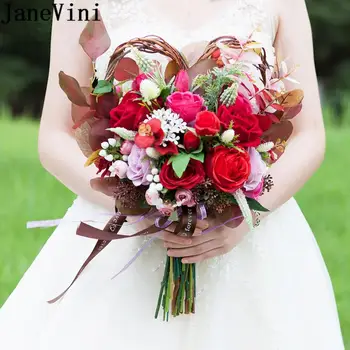 

JaneVini Heart-shaped Red Wedding Bouquet Silk Flowers Rose Pink Bride Holding Flower Vintage Bridal Bouquets Wedding Decoration