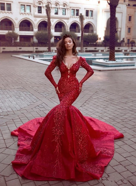 Acurrucarse Decaer monte Vesubio Precioso vestido rojo de sirena para graduación, manga larga, cuello en V,  encaje con cuentas, Formal, Sexy, caftán árabe, vestidos de fiesta _ -  AliExpress Mobile