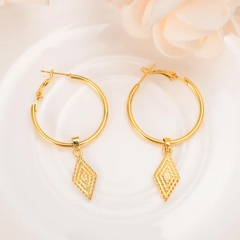 

Big Hoops THAI EARRINGS RHOMBUS 18 K BAHT Pure SOLID YELLOW FINE GOLD GF Thai dress