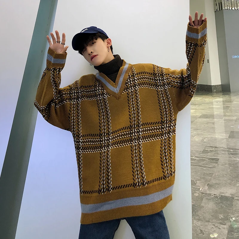 Winter High Collar Sweater Men Warm Fashion Retro Casual Plaid Knit Sweater Man Sweter Loose Clothes Fake Two-piece Pullover Men