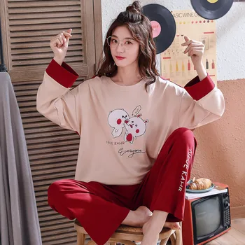 

Foply Pajamas Sets 2020 Autumn Clothes for Women Long Sleeve with Pants Cartoon Printing Home Clothes Large Size Womens Pajamas
