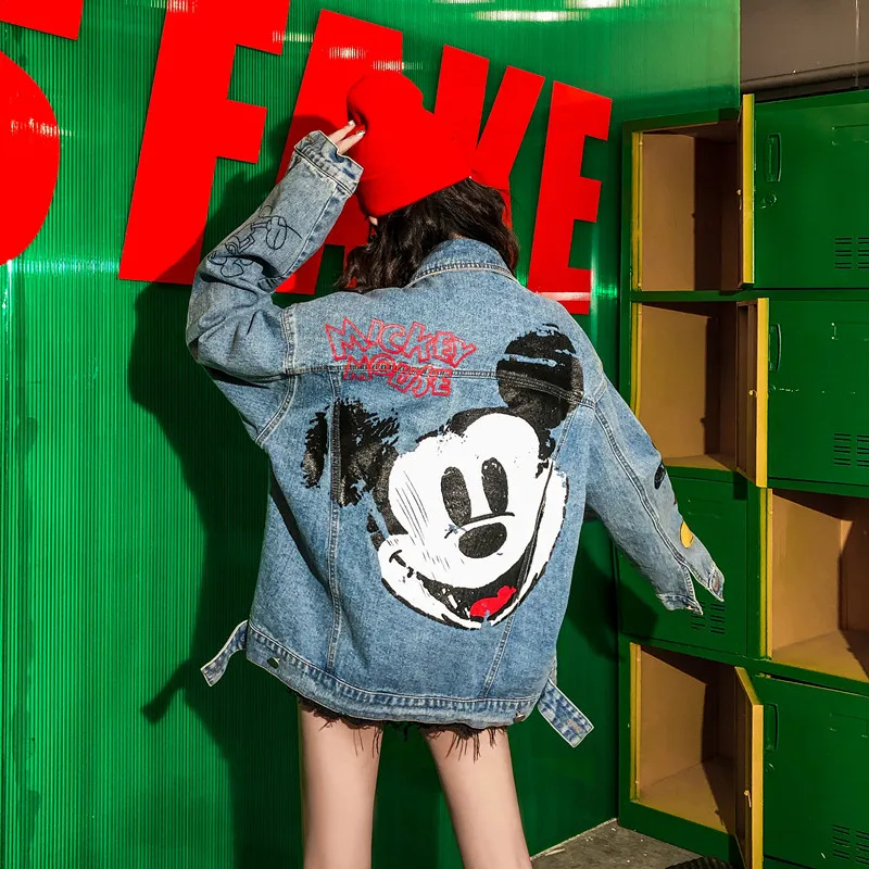 lower price  High quality autumn models wild trend personality loose denim ladies jacket was thin cartoon street