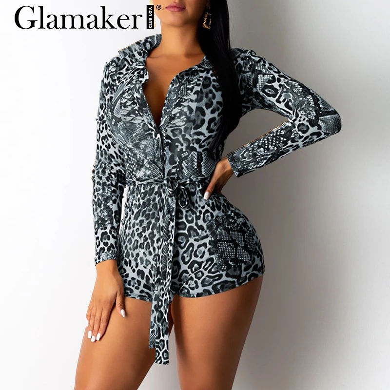 Glamaker, Леопардовый принт, длинный рукав, сексуальный Облегающий комбинезон для женщин, Осенние, вечерние, бандажный пояс, комбинезон, зимний женский костюм - Цвет: Черный