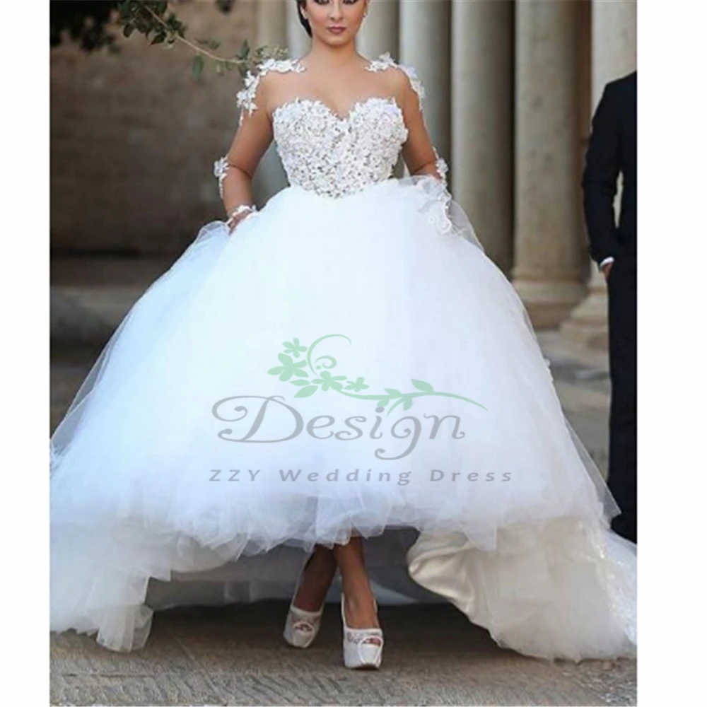 Удивительные Белые Длинные рукава с аппликацией цветы Vestido De Noiva Curto круглый вырез бальное платье свадебное платье плюс размер - Цвет: white