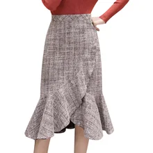 Элегантная Офисная Женская юбка миди Русалка Женская Осенняя Высокая талия плюс размер тонкая дикая Повседневная трапециевидная Асимметричная плиссированная клетчатая юбка