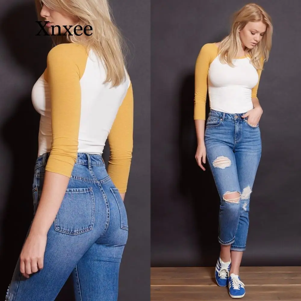 

Light Blue Long Pants Denim Jeans Women Holes Europe Fashion Simple Hole Jeans Women Female High Waist Hole Slim Fit Hip Hole