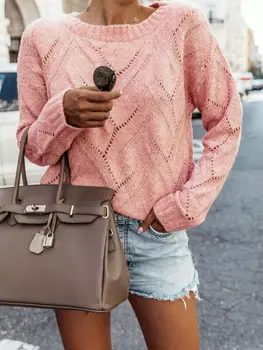 

2019 Women Knitted Warm Clothing Soft Touching Street Style O-Neck Hollow out Pullovers Sweater Loose Long Sleeve Tops