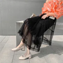 Женские плиссированные юбки, высокая талия, кружевная кромка, сетчатая юбка, модная и универсальная плиссированная юбка феи, длинная юбка, плиссированная юбка