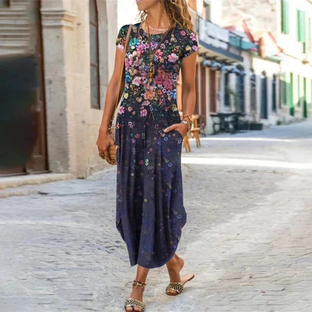 Vintage Flower Dress Women O Neck Pocket Casual Dresses For Women Loose Long Dress Plus Size Ladies Vacation Party Dress 06