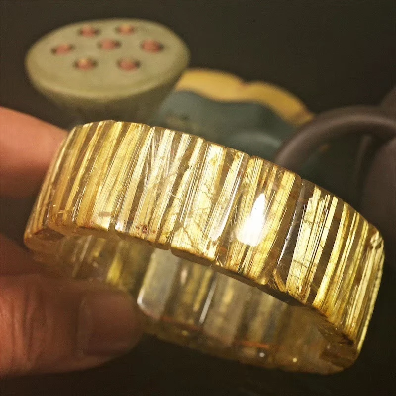 

Natural Gold Rutilated Titanium Quartz Big Bracelet 24x7mm Brazil Woman Man Rectangle Crystal Beads Certificate