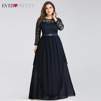 

Plus Size Navy Blue Evening Dresses Ever Pretty A-Line O-Neck Beaded 3/4 Sleeve Floral Lace Formal Party Gowns Abendkleider 2020