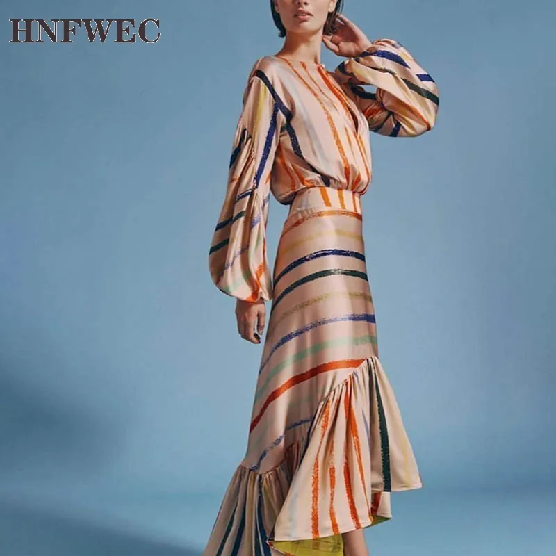 2020 Summer New Style Round Collar Long Lantern Sleeve Striped Patchwork Pullvoers Dress Women Fashion Tide E166 | Женская одежда