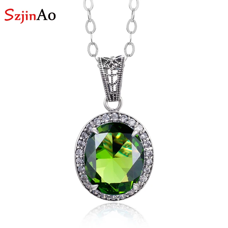 

SzjinAo High Quality Shinny Oval Olivine Pendants Necklaces 100% Real 925 Sterling Silverr Jewelry Brical Wedding Gift