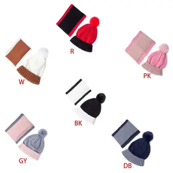 

Toddler Kids Winter Pompom Contrast Color Beanie Hat Infinity Scarf Set 3-13T 40JF